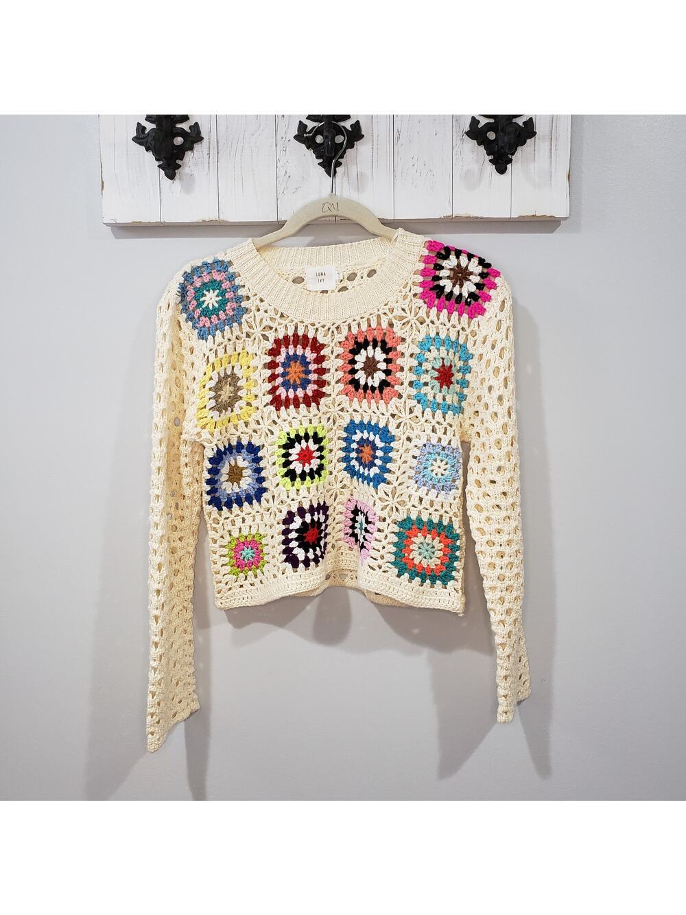 Luna Ivy Crochet Granny Square Sweater S Boho Festival Open Knit Patchwork